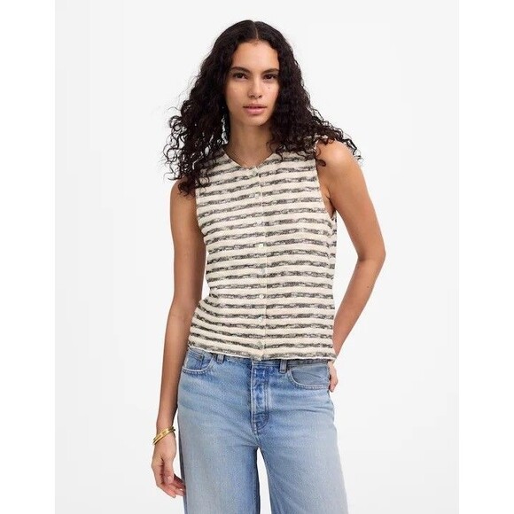 MADEWELL Crewneck Sweater Vest M Natural Striped Button Up Cotton Blend NWT B6 - Picture 1 of 5